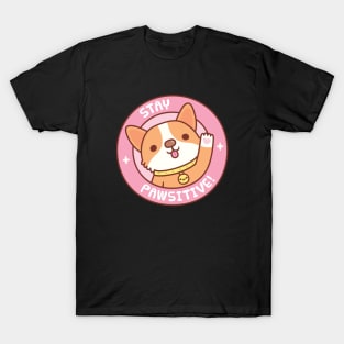 Cute Corgi With Heart Paw Print Stay Pawsitive Funny T-Shirt